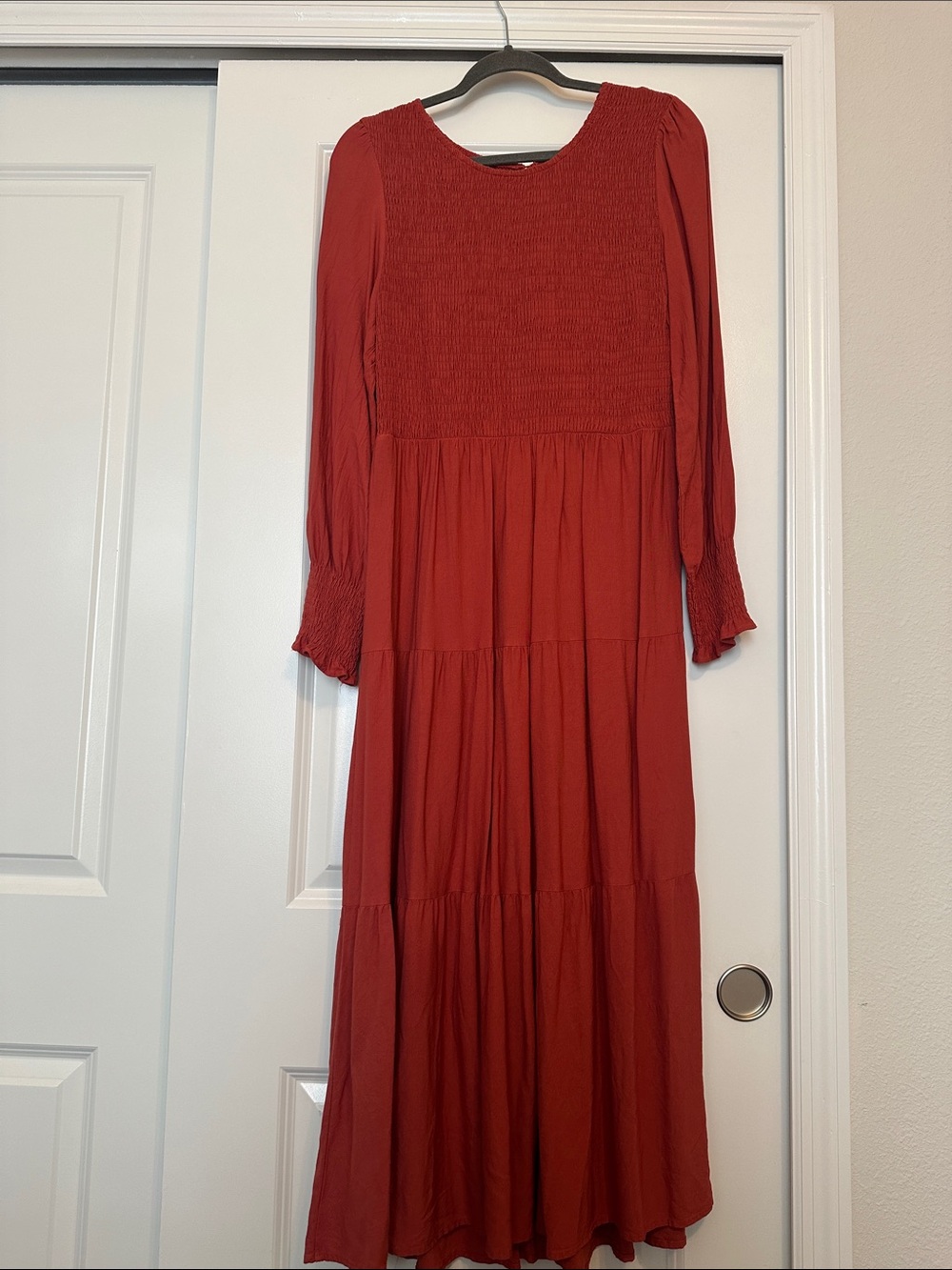 Smocked Bodice Long Sleeve Maxi Dress in Rust